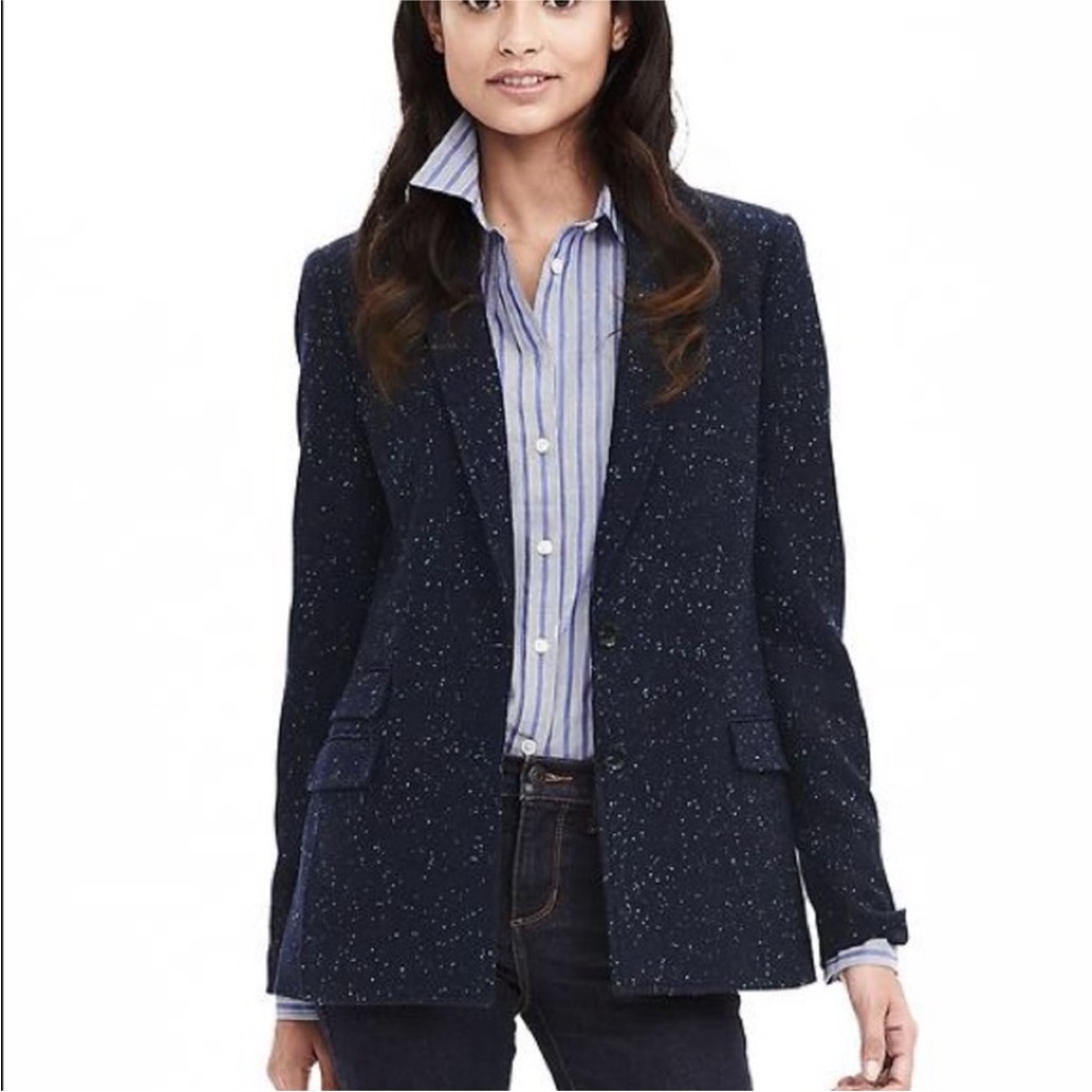 Banana Republic Wool Blend Blazer Size 2 Navy Speckled Equestrian Academia